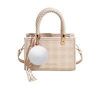 CORIOS Élégant Sac à Main Femme PU Cuir Sac Porté Epaule Sac Bandoulière avec Motif à Carreaux Sac Fourre-Tout avec Pendentif Boule de Poils Blanc Petit Shopping Voyage Travail Sac Hobo Cabas Beige