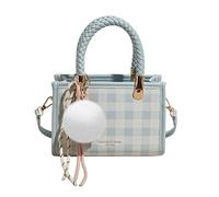 CORIOS Élégant Sac à Main Femme PU Cuir Sac Porté Epaule Sac Bandoulière avec Motif à Carreaux Sac Fourre-Tout avec Pendentif Boule de Poils Blanc Petit Shopping Voyage Travail Sac Hobo Cabas Bleu