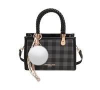 CORIOS Élégant Sac à Main Femme PU Cuir Sac Porté Epaule Sac Bandoulière avec Motif à Carreaux Sac Fourre-Tout avec Pendentif Boule de Poils Blanc Petit Shopping Voyage Travail Sac Hobo Cabas Noir