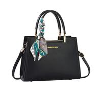 CORIOS Élégant Sac à Main Femme Sac à Bandouliere en Cuir PU Sacs Portés Épaule avec Décoration de Foulard de Soie Sacoche Multi Poches Mode Sac Messager Cabas pour Voyage Travail Achats Fête Noir