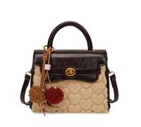 CORIOS Élégant Sac Tote à Main femme Sac Bandoulière Crossbody avec Tissu Patchwork PU Cuir Peluche Sacs Portés Épaule avec Charm Pompom Mignon Petite Capacité Sac Messager Fourre-Tout Café