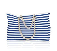 CORIOS Grand Sac de Plage pour Femmes Sac Fourre-Tout en Été Sac à Bandoulière avec Poignée en Corde Shopping Bag Sac à Main Sacs de Natation pour Plage Vacances Achats Rayures Bleues et Blanches