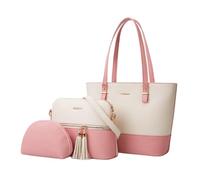 CORIOS PU Cuir Sac à Main Femme Sac Porté Epaule 3pcs Set Sac Hobo Cabas avec Franges Grande Sac à Bandoulière Messager Élégant Sac Fourre-Tout Travail Shopping Voyage Sac D'épaule Blanc Rose