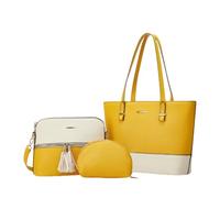 CORIOS PU Cuir Sac à Main Femme Sac Porté Epaule 3pcs Set Sac Hobo Cabas avec Franges Grande Sac à Bandoulière Messager Élégant Sac Fourre-Tout Travail Shopping Voyage Sac D'épaule Blanc Jaune