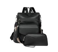 CORIOS Sac à Dos en PU Cuir Femme Sacs D'école Daypacks à Franges Motif Léopard Convertible Sac Portés Épaule à Main Cartable Adolescent Daypack Set de 2 Pièces pour Quotidien Voyage Travail Noir