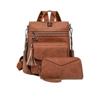 CORIOS Sac à Dos en PU Cuir Femme Sacs D'école Daypacks à Franges Motif Léopard Convertible Sac Portés Épaule à Main Cartable Adolescent Daypack Set de 2 Pièces pour Quotidien Voyage Travail Marron