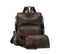 CORIOS Sac à Dos en PU Cuir Femme Sacs D'école Daypacks à Franges Motif Léopard Convertible Sac Portés Épaule à Main Cartable Adolescent Daypack Set de 2 Pièces pour Voyage Travail Bicolore Café