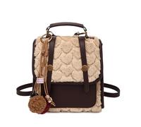 CORIOS Sac à Dos pour Femme Charmant Pompon Sacs D'école Cartable Daypacks Tissu Patchwork PU Cuir Peluche Sac à Main Portés Épaule Petite Capacité Sac Bandoulière Crossbody Café