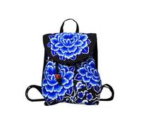 CORIOS Sac à Dos pour Femme Sacs D'école avec Broderie Ethnique Style Bohème Cartable Daypacks Sac Portés Épaule à Main avec Cordon de Serrage Rétro Daypack en Toile Porcelaine Bleue et Blanche S