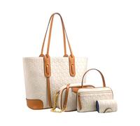 CORIOS Sac à Main 4pcs Set Femme Sac Porté Epaule avec Motif Retro PU Cuir Sac à Bandoulière Messager Grande Sac Hobo Cabas Élégant Sac Fourre-Tout D'épaule pour Travail Shopping Voyage Blanc