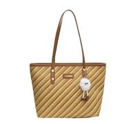 CORIOS Sac à Main Femme en PU Cuir Sacs Portés Épaule avec Charmant Pompon Blanc Mignon Sac Fourre-Tout et Design Rayé Grand Sac Porté-Documents Serviette Mallette pour Bureau Travail Voyage Marron