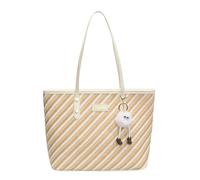 CORIOS Sac à Main Femme en PU Cuir Sacs Portés Épaule avec Charmant Pompon Blanc Mignon Sac Fourre-Tout et Design Rayé Grand Sac Porté-Documents Serviette Mallette pour Bureau Travail Voyage Blanc