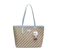 CORIOS Sac à Main Femme en PU Cuir Sacs Portés Épaule avec Charmant Pompon Blanc Mignon Sac Fourre-Tout et Design Rayé Grand Sac Porté-Documents Serviette Mallette pour Bureau Travail Voyage Bleu