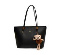 CORIOS Sac à Main Femme en PU Cuir Sacs Portés Épaule avec Pendentif Ours Mignon Sac Fourre-Tout avec Fermeture Éclair Grande Capacité Sac Porté-Documents Serviette pour Bureau Voyage Travail Noir