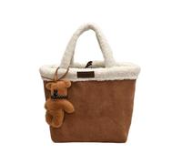 CORIOS Sac à Main pour Femme Tote en Daim Doux et Laine d'agneau Sac de Poignet Sac Seau avec Pendentif Ours Mignon Grande Capacité Sac Fourre-Tout pour Bureau Voyage Travail Marron