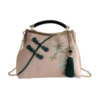 CORIOS Sac de Soirée de Pompons Femme Embrayage mit Broderie de Bambou Pochette Portefeuille en Polyester Sacs à Main D'épaule de Mariée Élégant Sac à Bandoulière pour Fête Cocktail Rose