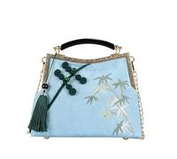 CORIOS Sac de Soirée de Pompons Femme Embrayage mit Broderie de Bambou Pochette Portefeuille en Polyester Sacs à Main D'épaule de Mariée Élégant Sac à Bandoulière pour Fête Cocktail Bleu Clair