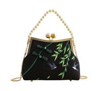CORIOS Sac de Soirée de Pompons Femme Embrayage mit Broderie de Bambou Pochette Portefeuille en Polyester Sacs à Main D'épaule de Mariée Élégant Sac à Bandoulière pour Fête Cocktail Noir B