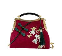 CORIOS Sac de Soirée de Pompons Femme Embrayage mit Broderie de Bambou Pochette Portefeuille en Polyester Sacs à Main D'épaule de Mariée Élégant Sac à Bandoulière pour Fête Cocktail Rouge Bordeaux