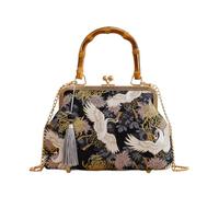 CORIOS Sac de Soirée Femme Embrayage de Pompons et Broderie Traditionnelle Sacs à Main D'épaule de Mariée Pochette Portefeuille en Coton Élégant Sac à Bandoulière Grue Noire B