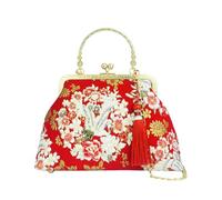 CORIOS Sac de Soirée Femme Embrayage de Pompons et Broderie Traditionnelle Sacs à Main D'épaule de Mariée Pochette Portefeuille en Coton Élégant Sac à Bandoulière Grue Rouge A