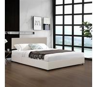 Corium Lit Coffre Rembourré avec Sommier à Lattes Rabattable Tête de Lit Capitonné Coffre Velours Côtelé Polyester Confortable Capacité de Charge 300 kg Bois Métal 140 x 200 cm Beige