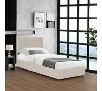 Corium Lit Coffre Rembourré avec Sommier à Lattes Rabattable Tête de Lit Capitonné Coffre Velours Côtelé Polyester Confortable Capacité de Charge 300 kg Bois Métal 90 x 200 cm Beige
