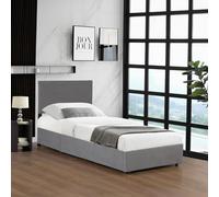 Corium Lit Coffre Rembourré avec Sommier à Lattes Rabattable Tête de Lit Capitonné Coffre Velours Côtelé Polyester Confortable Capacité de Charge 300 kg Bois Métal 90 x 200 cm Gris