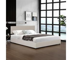 Corium Lit Coffre Rembourré avec Sommier à Lattes Rabattable Tête de Lit Capitonné Coffre Velours Côtelé Polyester Confortable Capacité de Charge 300 kg Bois Métal 140 x 200 cm Beige