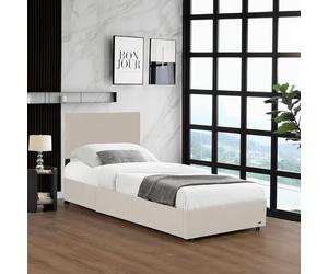 Corium Lit Coffre Rembourré avec Sommier à Lattes Rabattable Tête de Lit Capitonné Coffre Velours Côtelé Polyester Confortable Capacité de Charge 300 kg Bois Métal 90 x 200 cm Beige