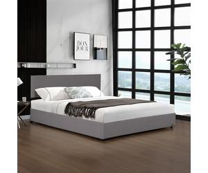 Corium Lit Coffre Rembourré avec Sommier à Lattes Rabattable Tête de Lit Capitonné Coffre Velours Côtelé Polyester Confortable Capacité de Charge 300 kg Bois Métal 140 x 200 cm Gris
