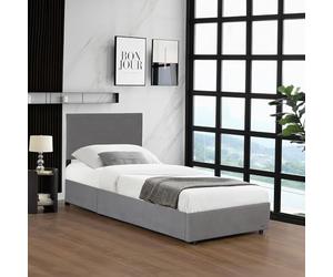 Corium Lit Coffre Rembourré avec Sommier à Lattes Rabattable Tête de Lit Capitonné Coffre Velours Côtelé Polyester Confortable Capacité de Charge 300 kg Bois Métal 90 x 200 cm Gris
