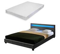 Corium Lit Double Rembourré Design avec Éclairage LED en 6 Couleurs Sommier à Lattes Matelas Mousse à Froid Polyester 140 x 200 cm Gris Foncé