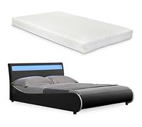 Corium Lit Double Rembourré Éclairage LED Integré Sommier à Lattes Matelas Mousse à Froid 140 x 200 cm Housse Similicuir Noir Blanc