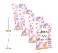 Coriver 4 Pièces Présentoirs de Table A4, Forme L/T Support Affiche A4 Plaque Acrylique, Double Face A4 Porte Menu avec Pied en Bois, Support Feuille pour Exposition Café Bureau-210 x 297mm