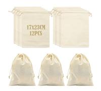 Coriver Pochon Tissu, Petits Sachet Tissu avec Cordon, Reutilisable Sacs Cadeaux à Remplir,Pochette Bijoux Sac Coton pour Noël Bricolage Calendrier de l'avent Mariage (beige, 17 x 23 cm / 12pcs)
