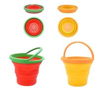 Coriver Seau de Plage Pliable, Lot de 2 Seaux de Camping Pliables Silicone avec Motif Fruits et Poignée, Plage Enfant pour Sandpit, Plein Air, Peche (1. Rouge + Orange)