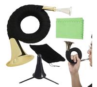Corne de poche - 15 x 23 x 11 cm - Mini instrument - Décoration musicale en laiton - Corne compacte avec support de présentation - Sac en velours - Petit cor français pour pratique de la musique