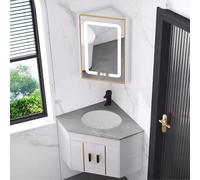 Corner Bathroom Vanity with LED Anti-Fog Mirror Wall Mounted Small Space Unit Modern Gray Bathroom Cabinet with Storage for Compact Bathrooms