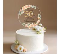 CORNER LACE Décoration de gâteau dorée en acrylique pour 50e anniversaire de mariage - Décoration de fête pour couple - Motif flore dorée - Accessoire de photomaton
