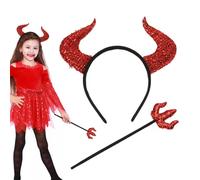 Cornes de diable d'Halloween, bandeau de cornes de diable à paillettes - Accessoires de costume du diable avec fourche à pas, bandeau oreilles de diable d'Halloween pour la décoration de costumes