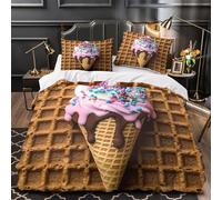 Cornet de glace sucré 3D Imprimé Drap de couette Microfibre anti-decoloration Garniture colorée à saupoudrer Housse de couette 2 taies hypoallergénique adolescents jeunes adultes Double（200x200cm）