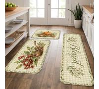 Cornucopia - Lot de 3 tapis de cuisine rustiques, motif baies et feuilles, vert automne, confortable, lavable, tapis de sol rembourré pour évier, buanderie, salle de bain, coiffeuse