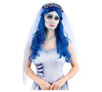Corpse Bride Femmes Brillant Bleu Déguisement Halloween Long Ondulé Perruque