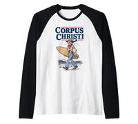 Corpus Christi Surf Retro Skeleton Cowboy Surfing Texas Manche Raglan