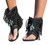 Correct toe Sandales Femmes Plates Chaussures Été Plats Bout Ouvert Plage Roman Lacets Franges Bohême Sandales Bottes à Pampilles Mode rétro Sandales à Pampilles bohème Romaines,Noir,42