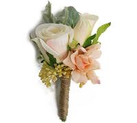 Corsage de poignet Boutonnière de mariage Corsage de poignet Boutonnière Fleur de rose de champagne artificielle Broche Bouquet Marié Mariée Demoiselle d'honneur Bracelet (4 b)