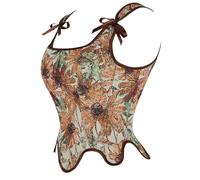 Corset à lacets pour femme 2025 - Corset floral avec fermeture éclair et dos bas en dentelle florale, café, M