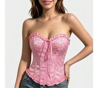 Corset ajusté rose en jacquard avec volants, bandeau, fermeture éclair avant et lien à nouer dans le dos CONSEILS SUR LA TAILLE : Pour un effet galbant optimal, le vêtement doit être serré autour de v