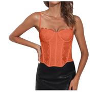 Corset bustier en dentelle à bretelles spaghetti dos nu avec baleines pour femme, Orange, XL